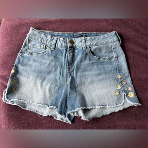 Level 99 Floral Embroidered Denim Shorts